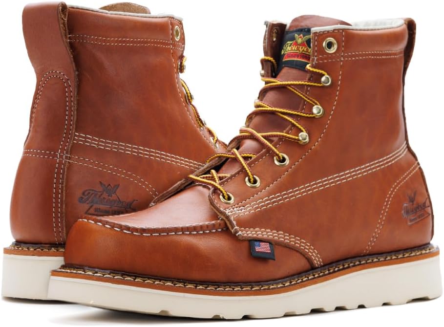 Installing Thorogood American Heritage Steel Toe Work Boots Mens Safety on a wooden desk