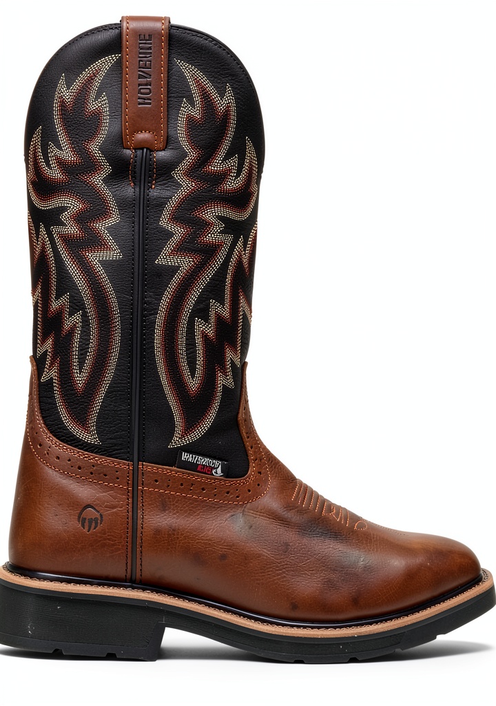 Men's waterproof work boots on a construction site