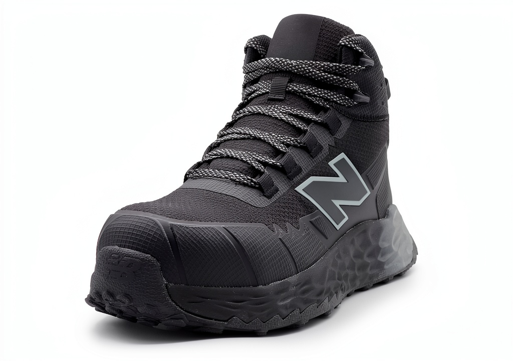 Installing New Balance Men's Composite Toe Shoes Safety Work Boots on a wooden desk