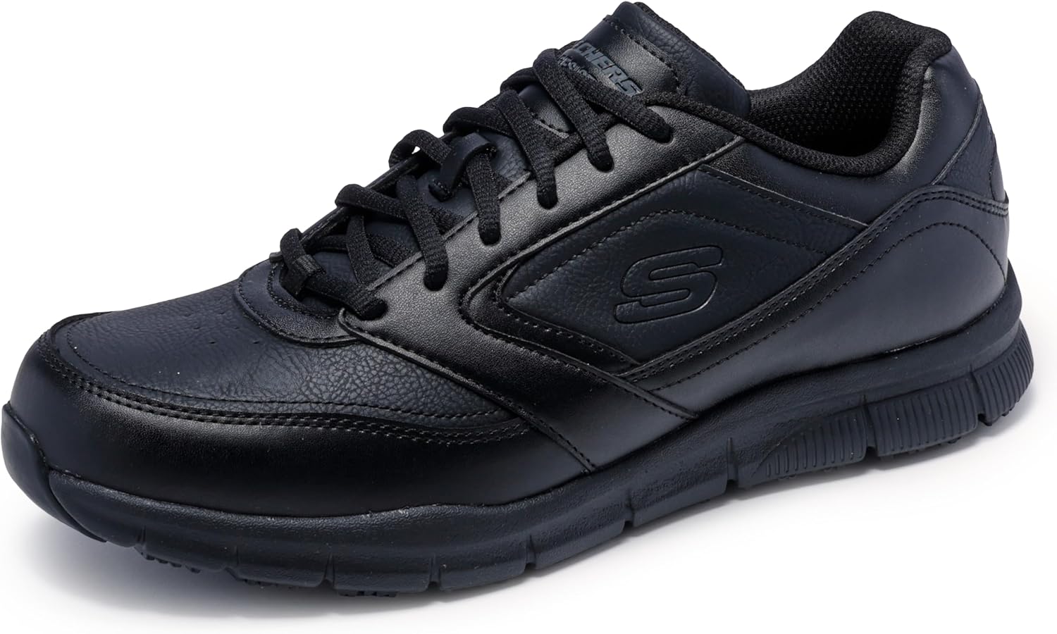 Skechers work shoes showing slip-resistant outsole and lace-up design