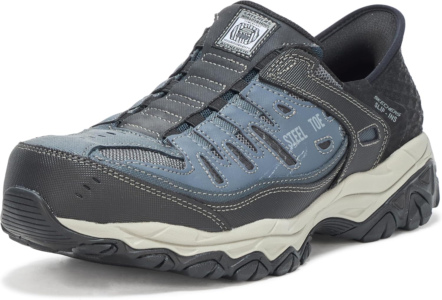 Skechers steel toe work boots on a construction site