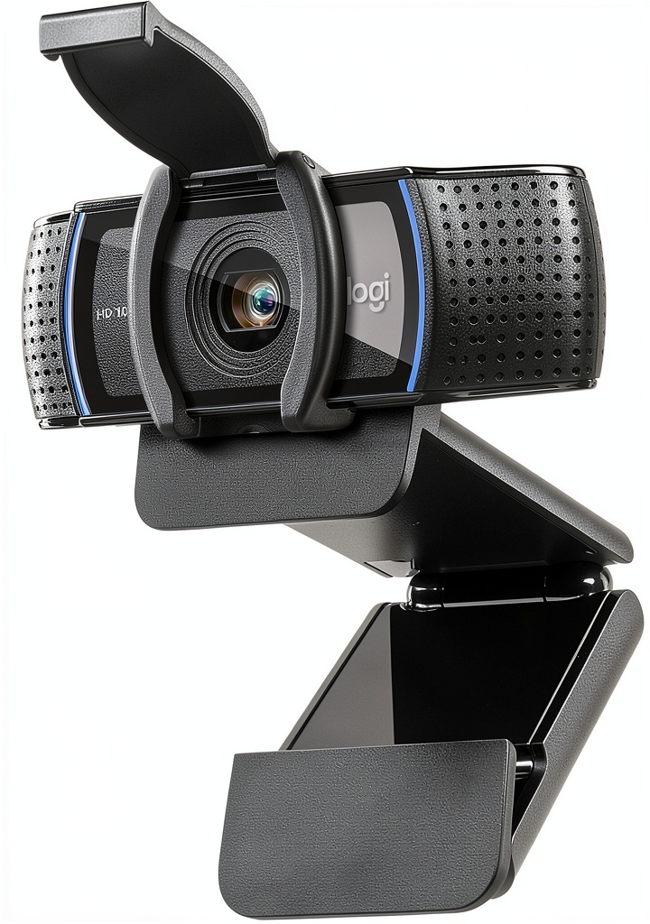 Logitech C920e webcam mounted on a laptop in a home office