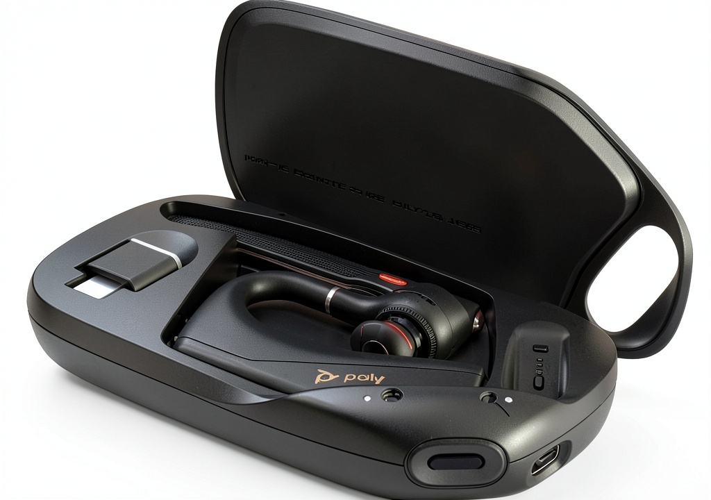 Business professional using HP Poly Voyager headset in a modern office