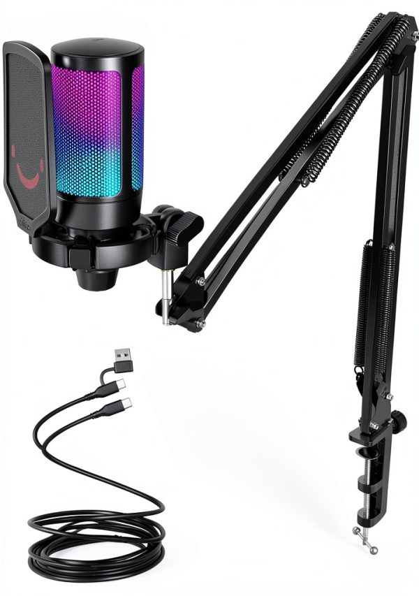 FIFINE USB Gaming Microphone A6T with Boom Arm, RGB Lighting, Black-0