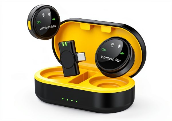 Wireless Lavalier Microphone GoorDik J7 Black Yellow Charging Case-0
