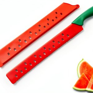 BESPORTBLE Watermelon Cutter Stainless Steel Red Knife 17-Inch Serrated Blade for Watermelon Slicing and Cake Cutting Kitchen Tool with Protective Sleeve-0